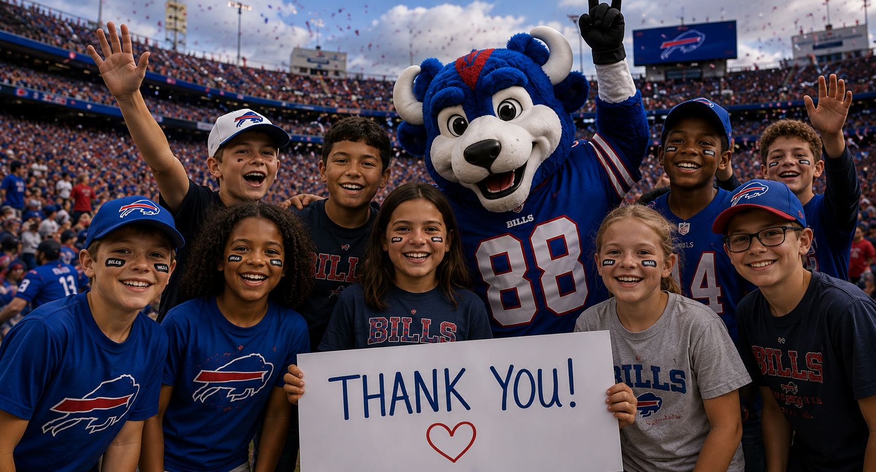 Cheering kids with the Buffalo Bills mascot