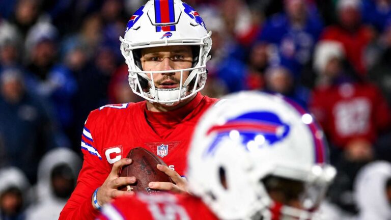 Buffalo Bills quarterback Josh Allen looking toward the sideline during a game