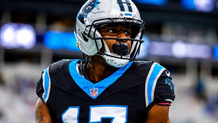 Carolina Panthers wide receiver Xavier Legette during practice