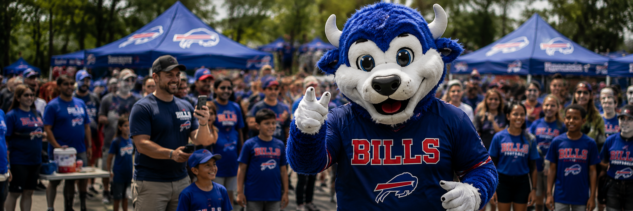Buffalo Bills mascot posing with community volunteers at an outdoor event