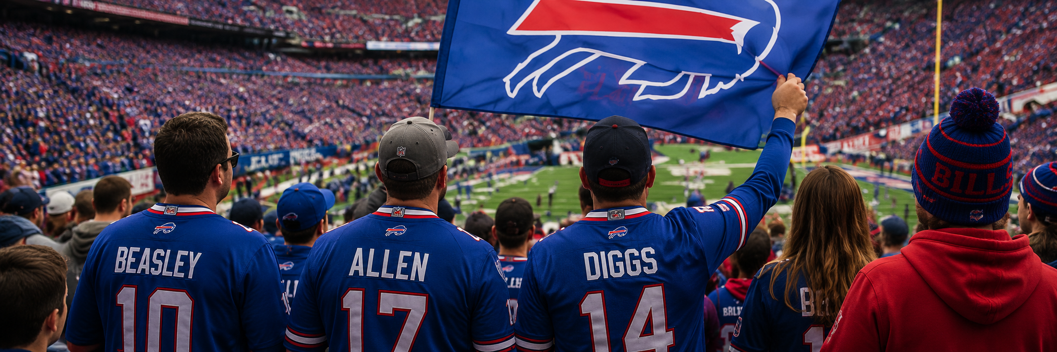 Buffalo Bills fans waving a team flag in the stadium crowd